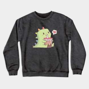 Cute Dinosaur with Rainbow Spikes Loves Bubble Tea Crewneck Sweatshirt